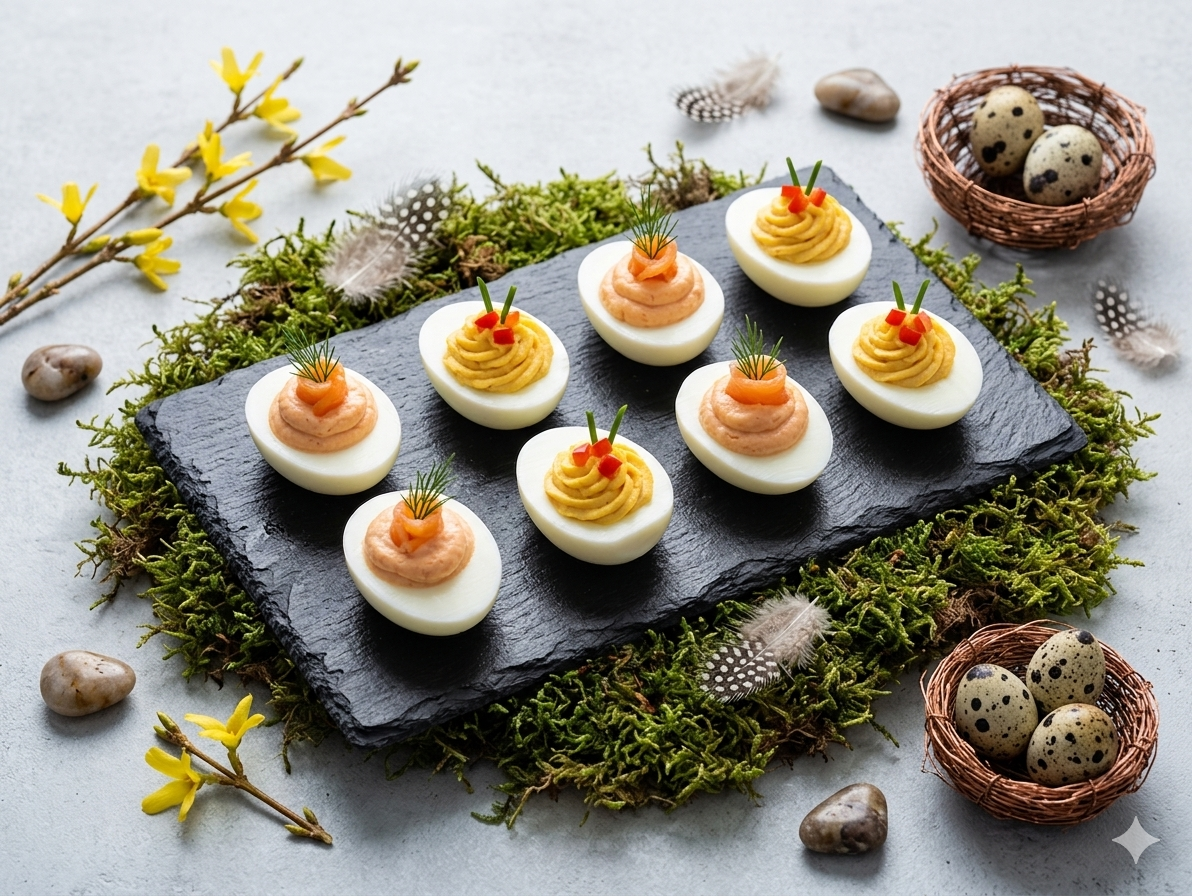 Vajíčka plnAěná lososem a koprem